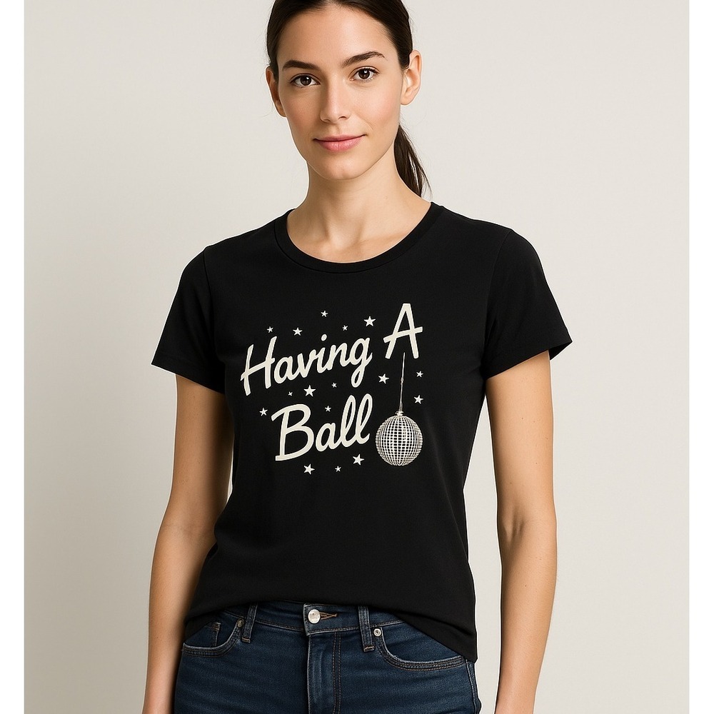 J.Crew Collector Tee XXS‎ Black Graphic Shirt "Having A Ball" Disco Star Print
